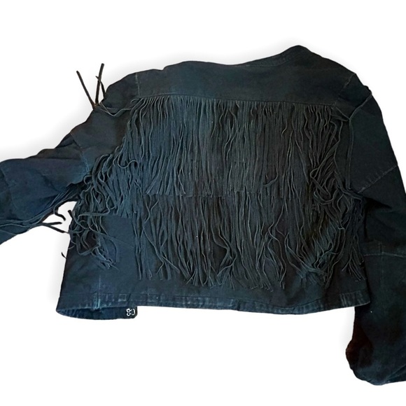 Black Suede Fringed Leather Moto Biker Jacket Womens Small - Picture 3 of 5